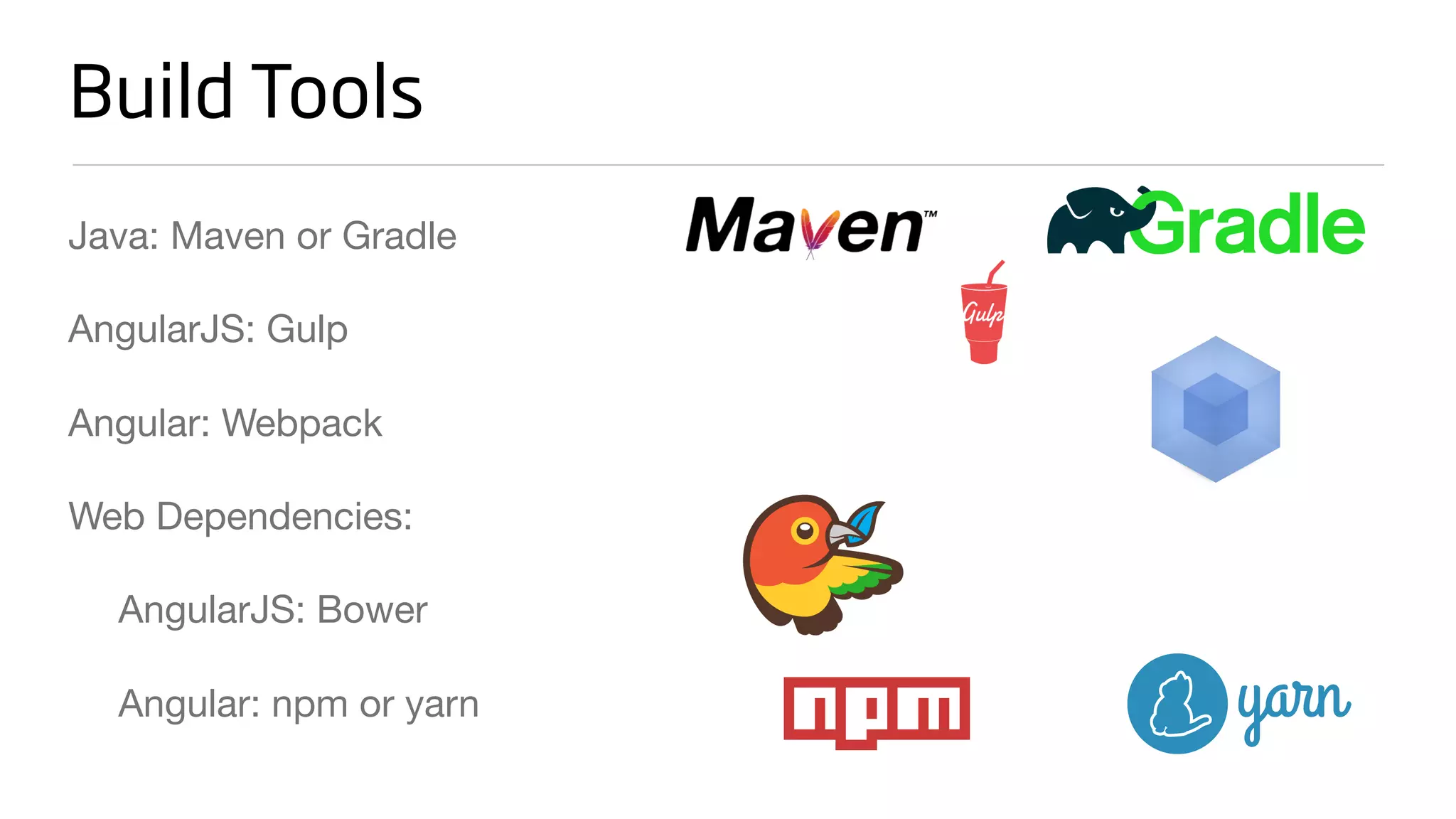 Build Tools
Java: Maven or Gradle

AngularJS: Gulp

Angular: Webpack

Web Dependencies:

AngularJS: Bower

Angular: npm or yarn
 