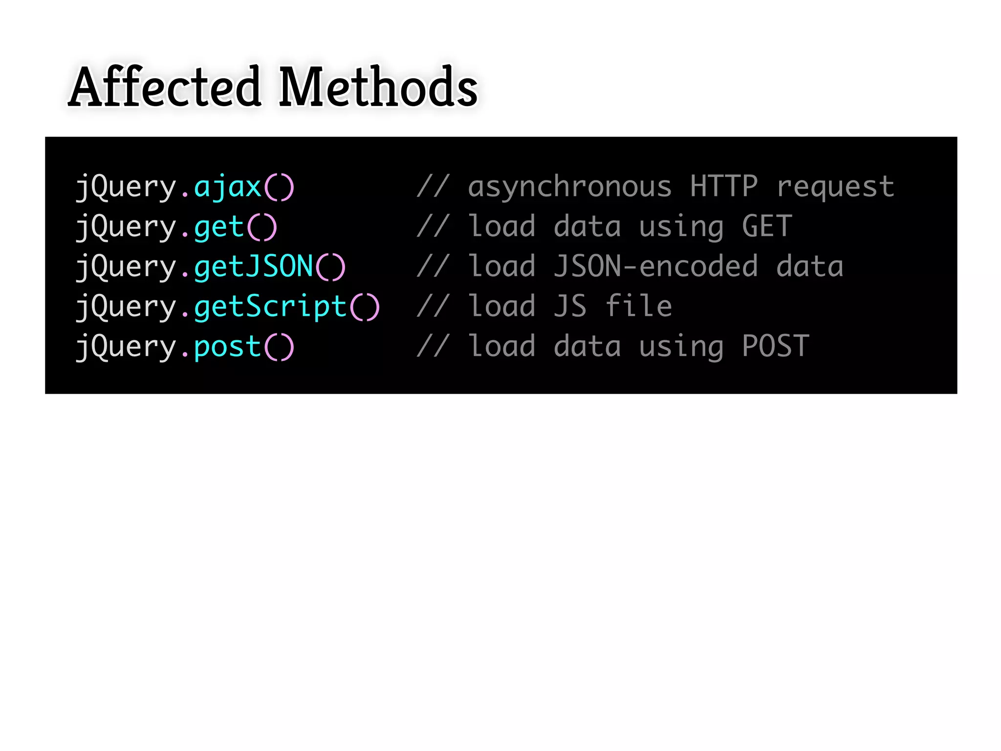 Affected Methods
jQuery.ajax()        //   asynchronous HTTP request
jQuery.get()         //   load data using GET
jQuery.getJSON()     //   load JSON-encoded data
jQuery.getScript()   //   load JS file
jQuery.post()        //   load data using POST
 