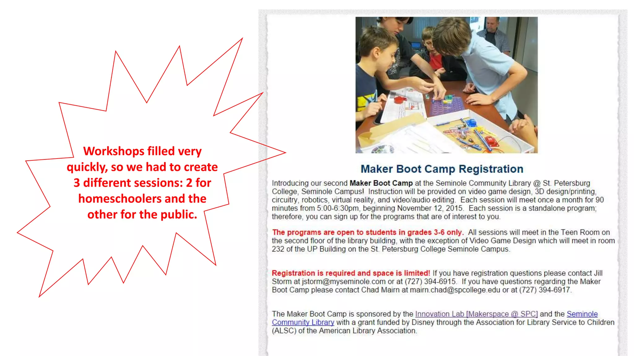 Workshops filled very
quickly, so we had to create
3 different sessions: 2 for
homeschoolers and the
other for the public.
 