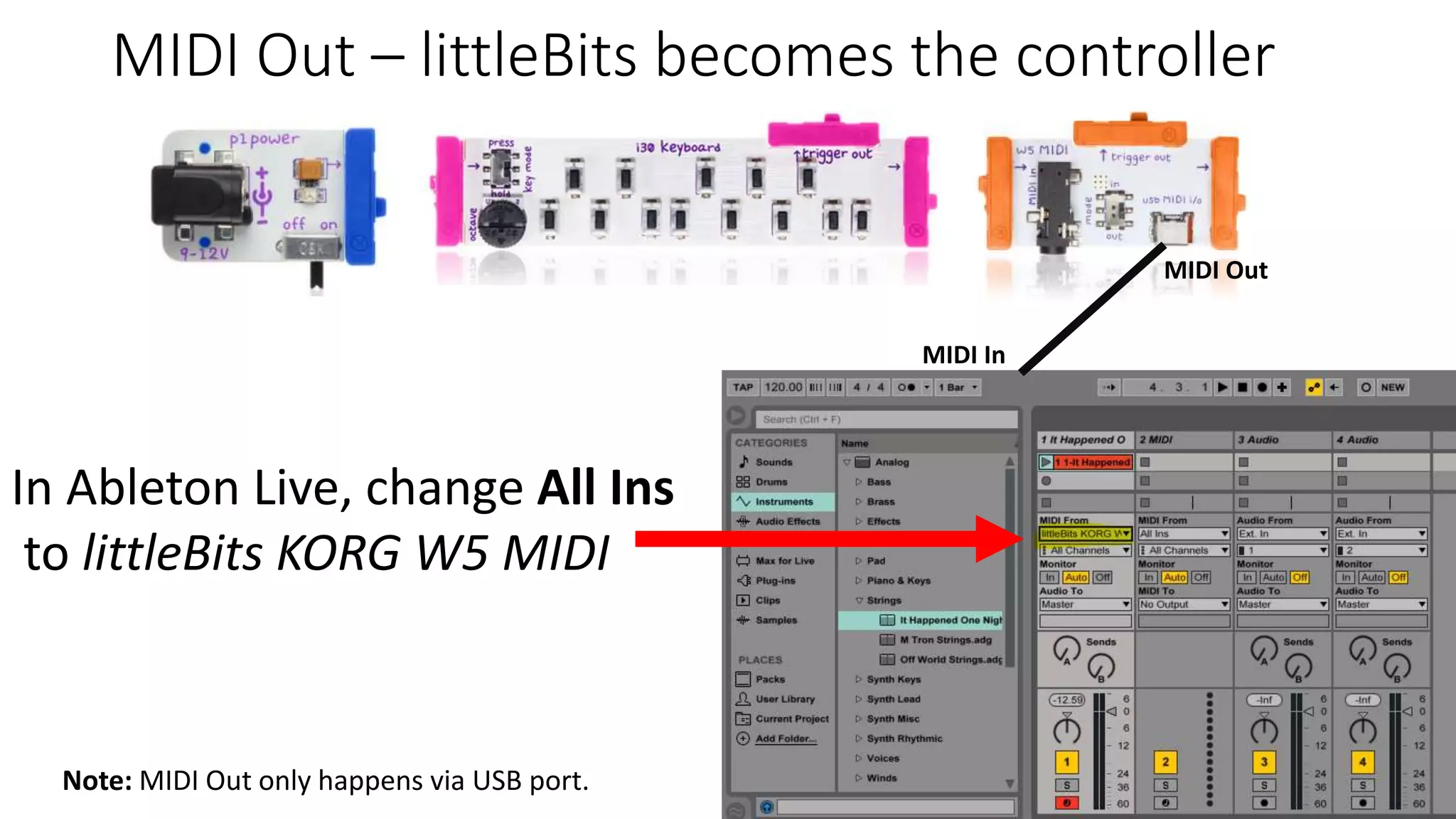 MIDI Out – littleBits becomes the controller
In Ableton Live, change All Ins
to littleBits KORG W5 MIDI
Note: MIDI Out only happens via USB port.
MIDI In
MIDI Out
 