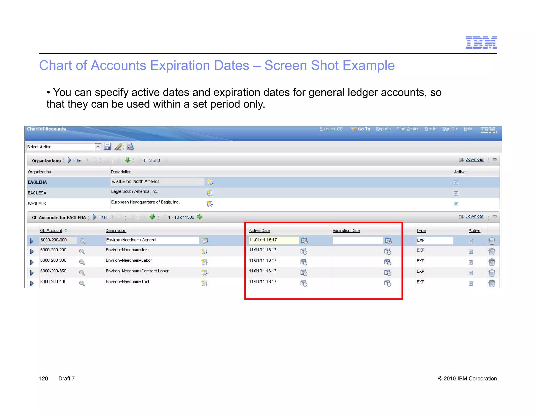 Chart of Accounts Expiration Dates – Screen Shot Example
  • You can specify active dates and expiration dates for general ledger accounts, so
  that they can be used within a set period only.




120   Draft 7                                                                       © 2010 IBM Corporation
 