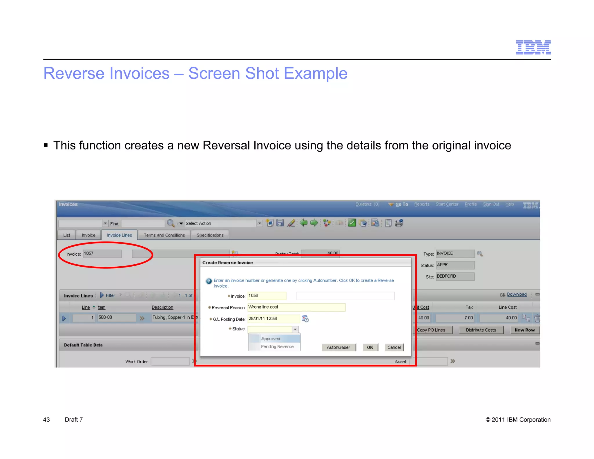Reverse Invoices – Screen Shot Example



 Thi function creates a new Reversal I
  This f  ti       t         R      l Invoice using th d t il f
                                          i     i the details from th original i
                                                                   the i i l invoice
                                                                                 i




43   Draft 7                                                                   © 2011 IBM Corporation
 