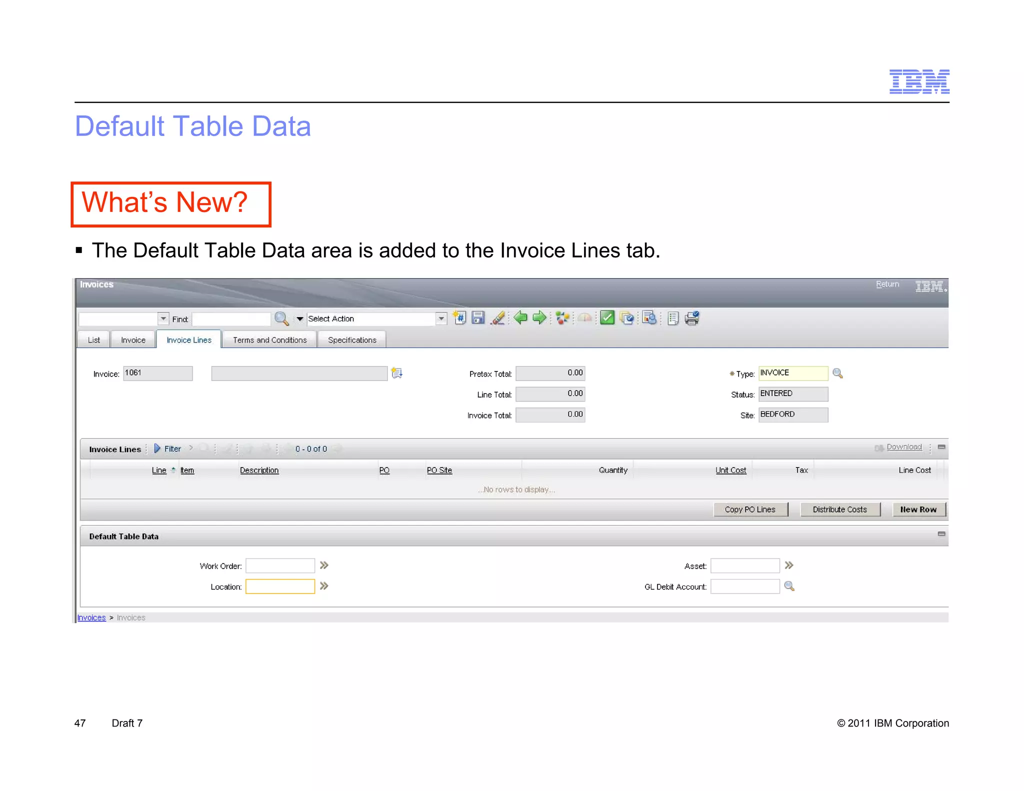 Default Table Data

 What’s New?
 Th D f lt T bl D t area i added t th I
  The Default Table Data  is dd d to the Invoice Li
                                             i Lines t b
                                                     tab.




47   Draft 7                                                © 2011 IBM Corporation
 