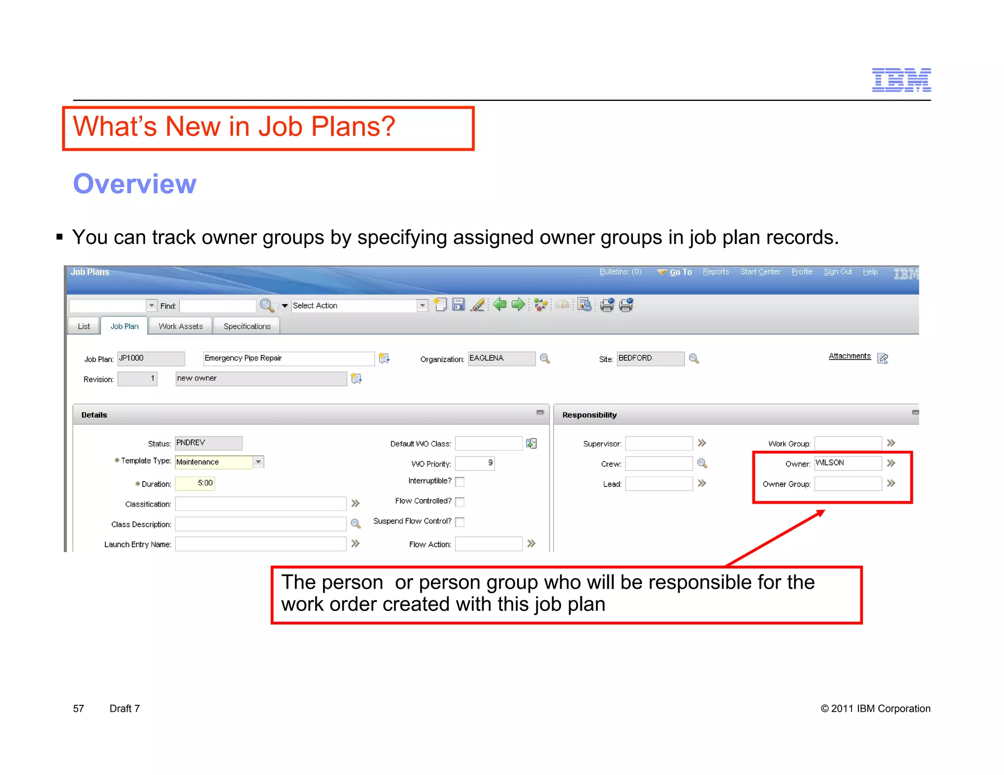 What’s New in Job Plans?

 Overview
 You can track owner groups by specifying assigned owner groups in job plan records
                                                                             records.




                        The person or person group who will be responsible for the
                        work order created with this job plan



 57   Draft 7                                                                        © 2011 IBM Corporation
 