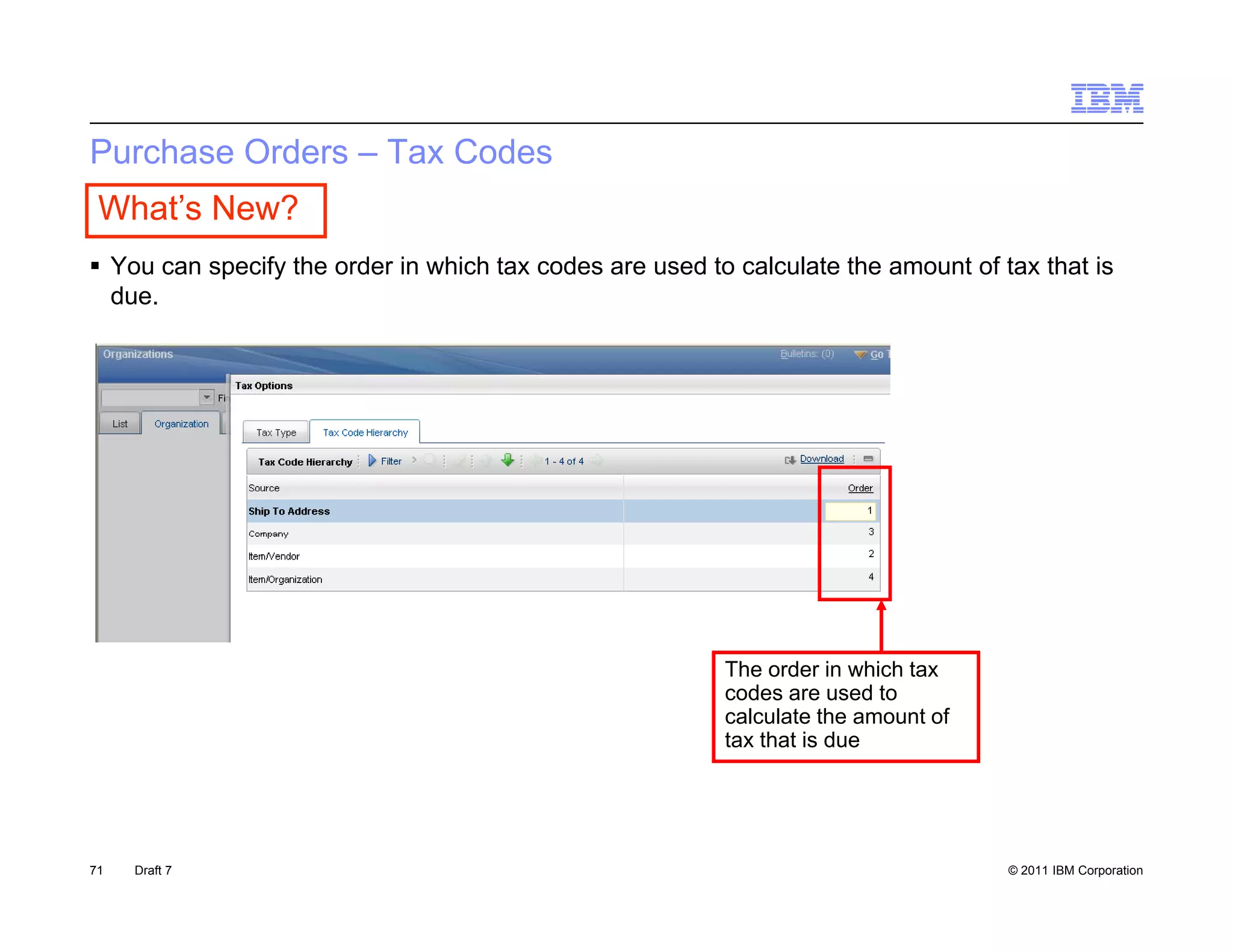 Purchase Orders – Tax Codes
 What’s New?
 You can specify the order in which tax codes are used to calculate the amount of tax that is
  due.
  due




                                                          The order in which tax
                                                          codes are used to
                                                          calculate the amount of
                                                          tax that is due




71   Draft 7                                                                        © 2011 IBM Corporation
 