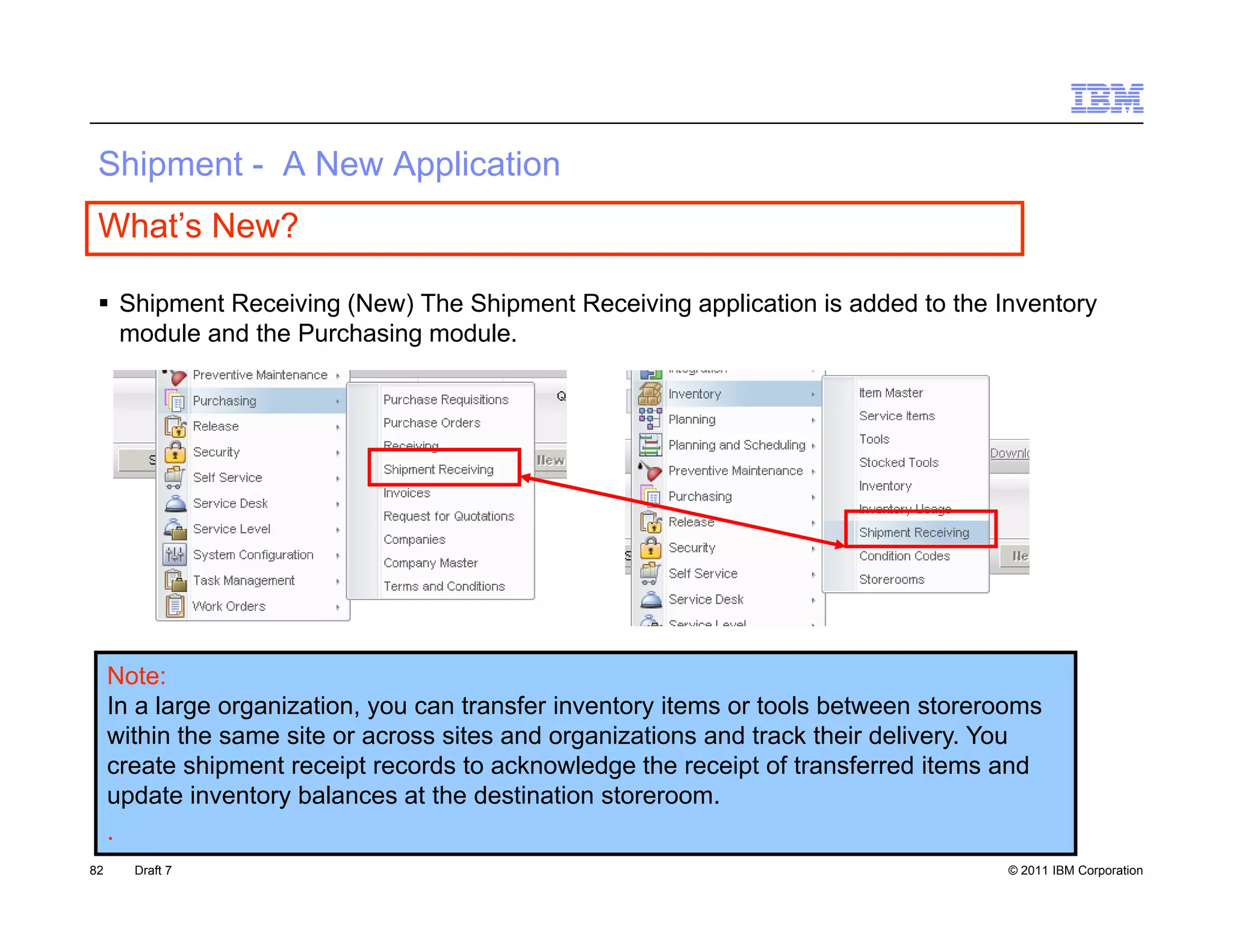 S p e
 Shipment - A New Application
               e   pp ca o
 What’s New?

  Shi
   Shipment Receiving (N ) Th Shi
           tR    i i (New) The Shipment R
                                      t Receiving application i added t th I
                                            i i      li ti is dd d to the Inventory
                                                                               t
   module and the Purchasing module.




     Note:
     In a large organization, you can transfer inventory items or tools between storerooms
     within the same site or across sites and organizations and track their delivery. You
     create shipment receipt records to acknowledge the receipt of transferred items and
                p          p                        g           p
     update inventory balances at the destination storeroom.
     .
82     Draft 7                                                                        © 2011 IBM Corporation
 