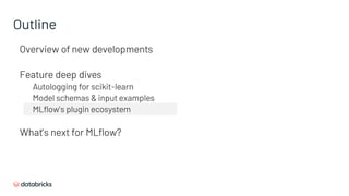 Overview of new developments
Feature deep dives
Autologging for scikit-learn
Model schemas & input examples
MLflow’s plugin ecosystem
What’s next for MLflow?
Outline
 