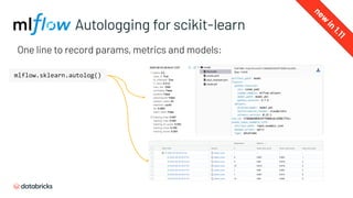 Autologging for scikit-learn
One line to record params, metrics and models:
mlflow.sklearn.autolog()
new
in
1.11
 