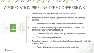 AGGREGATION PIPELINE TYPE CONVERSIONS
• Transforms data into standardized, cleansed types
• Flexible data model allows ingest of data without pre-defining
schema
• Schema validation to enforce structure where needed
• Lack of data type uniformity for fields across documents can
complicate downstream processing
• Cleanse in the app, or run through external ETL pipeline
• Adds complexity and latency
• Now data types can be standardized with $convert operator natively
in MongoDB
• Faster data prep for consuming apps & analytics
 
