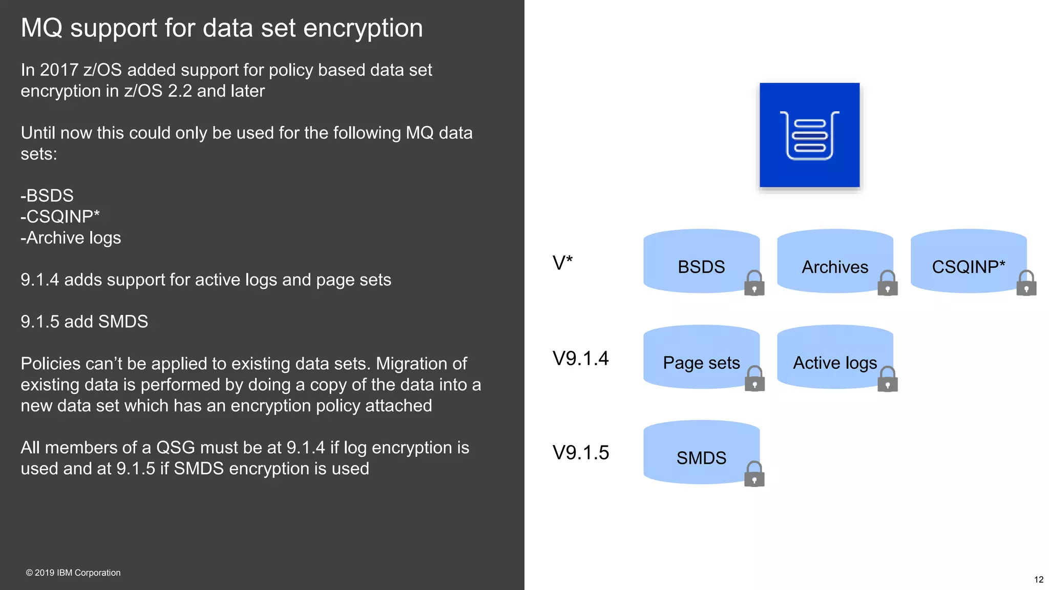 12
© 2019 IBM Corporation
MQ support for data set encryption
In 2017 z/OS added support for policy based data set
encryption in z/OS 2.2 and later
Until now this could only be used for the following MQ data
sets:
-BSDS
-CSQINP*
-Archive logs
9.1.4 adds support for active logs and page sets
9.1.5 add SMDS
Policies can’t be applied to existing data sets. Migration of
existing data is performed by doing a copy of the data into a
new data set which has an encryption policy attached
All members of a QSG must be at 9.1.4 if log encryption is
used and at 9.1.5 if SMDS encryption is used
BSDS Archives CSQINP*V*
V9.1.4 Page sets Active logs
SMDSV9.1.5
 