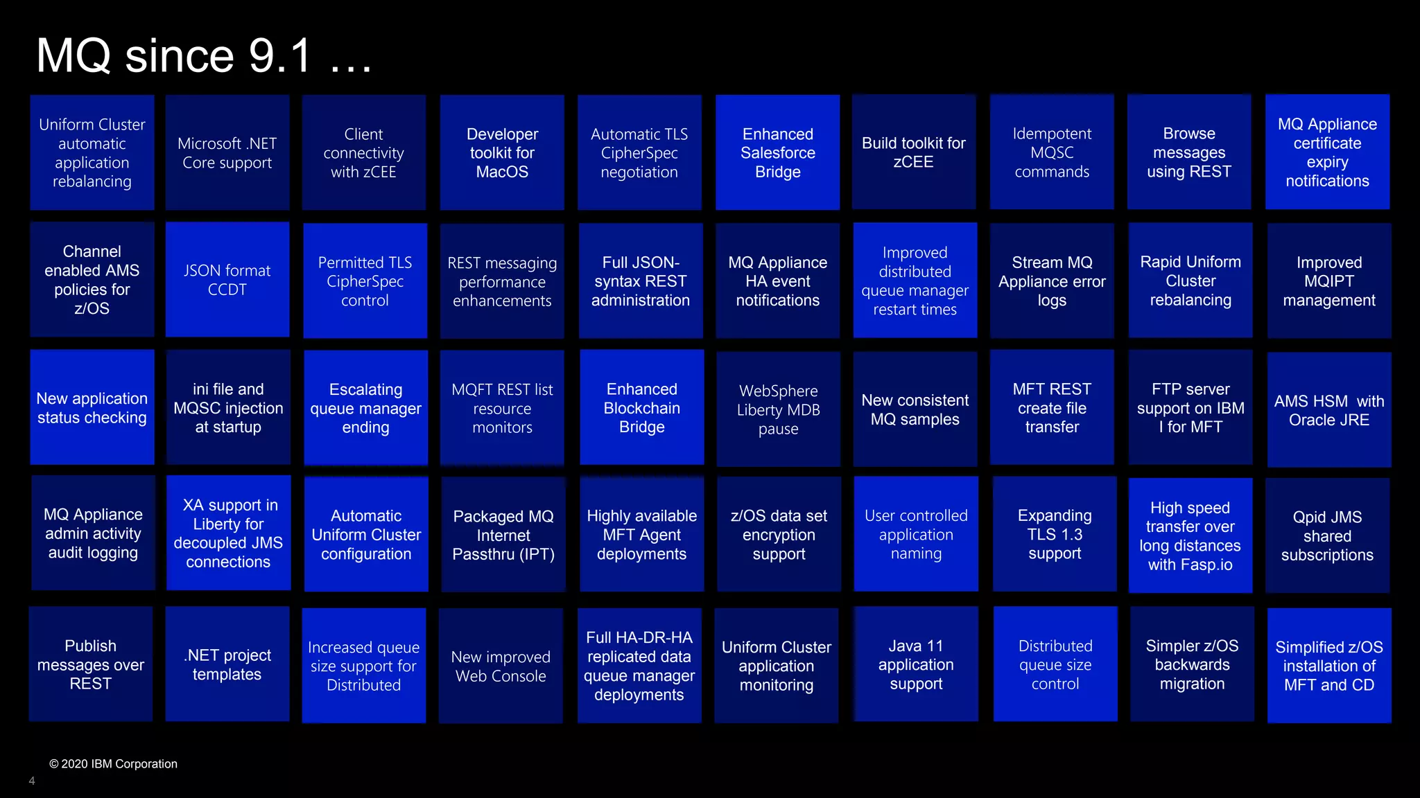 MQ since 9.1 …
4
Uniform Cluster
automatic
application
rebalancing
Automatic TLS
CipherSpec
negotiation
Client
connectivity
with zCEE
Microsoft .NET
Core support
Developer
toolkit for
MacOS
Enhanced
Salesforce
Bridge
Full JSON-
syntax REST
administration
Permitted TLS
CipherSpec
control
REST messaging
performance
enhancements
JSON format
CCDT
MQ Appliance
HA event
notifications
WebSphere
Liberty MDB
pause
ini file and
MQSC injection
at startup
Escalating
queue manager
ending
MQFT REST list
resource
monitors
New consistent
MQ samples
New application
status checking
Channel
enabled AMS
policies for
z/OS
Browse
messages
using REST
Build toolkit for
zCEE
Idempotent
MQSC
commands
Rapid Uniform
Cluster
rebalancing
Improved
distributed
queue manager
restart times
Stream MQ
Appliance error
logs
Enhanced
Blockchain
Bridge
MFT REST
create file
transfer
FTP server
support on IBM
I for MFT
Highly available
MFT Agent
deployments
Automatic
Uniform Cluster
configuration
Packaged MQ
Internet
Passthru (IPT)
XA support in
Liberty for
decoupled JMS
connections
z/OS data set
encryption
support
MQ Appliance
admin activity
audit logging
Expanding
TLS 1.3
support
User controlled
application
naming
High speed
transfer over
long distances
with Fasp.io
Full HA-DR-HA
replicated data
queue manager
deployments
Increased queue
size support for
Distributed
New improved
Web Console
Distributed
queue size
control
Uniform Cluster
application
monitoring
Publish
messages over
REST
Java 11
application
support
.NET project
templates
Improved
MQIPT
management
Qpid JMS
shared
subscriptions
MQ Appliance
certificate
expiry
notifications
AMS HSM with
Oracle JRE
Simpler z/OS
backwards
migration
Simplified z/OS
installation of
MFT and CD
© 2020 IBM Corporation
 