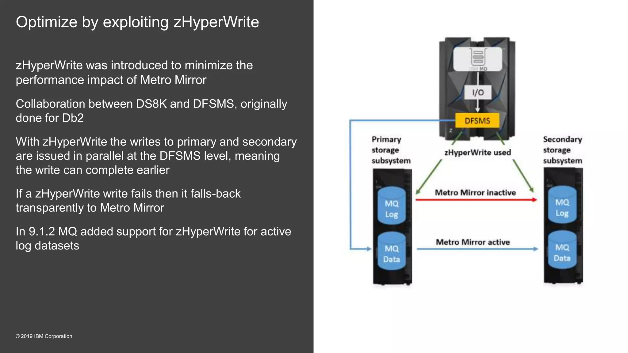 zHyperWrite was introduced to minimize the
performance impact of Metro Mirror
Collaboration between DS8K and DFSMS, originally
done for Db2
With zHyperWrite the writes to primary and secondary
are issued in parallel at the DFSMS level, meaning
the write can complete earlier
If a zHyperWrite write fails then it falls-back
transparently to Metro Mirror
In 9.1.2 MQ added support for zHyperWrite for active
log datasets
Optimize by exploiting zHyperWrite
© 2019 IBM Corporation
 