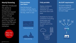 Fully portable
Deploy containers
wherever and
whenever you want,
and move them with
ease
Available for Docker
containers (including
Kubernetes and
OpenShift) both
on-prem and in the
cloud
Hourly licensing
IBM has introduced
the ability to
purchase an
entitlement based
on the container
size in Virtual
Processor Cores
and the number of
hours that MQ was
deployed in each
container
Pre-purchase
core hours
Use the hours as
needed, whether that’s
constant or varies across
the day, week or year.
No ILMT requirement
On-prem metering
service provided in
IBM Cloud Private used
to track usage
© 2018 IBM Corporation
13
New for
MQ 9.1
Traditional licensing
Hourly licensing
metering
 