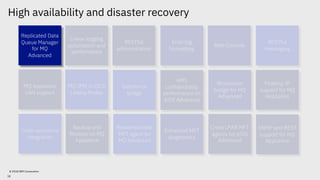 High availability and disaster recovery
© 2018 IBM Corporation
Replicated Data
Queue Manager
for MQ
Advanced
Web Console
RESTful
administration
Linear logging
automation and
performance
Error log
formatting
RESTful
messaging
Blockchain
bridge for MQ
Advanced
Salesforce
bridge
AMS
confidentiality
performance on
z/OS Advanced
MQ JMS in CICS
Liberty Profile
Floating IP
support for MQ
Appliance
SNMP and REST
support for MQ
Appliance
Backup and
Restore on MQ
Appliance
Redistributable
MFT agent for
MQ Advanced
Enhanced MFT
diagnostics
Cross LPAR MFT
agents for z/OS
Advanced
Code repository
integration
MQ Appliance
SAN support
18
 