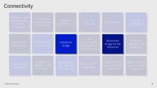 Connectivity
© 2018 IBM Corporation
Replicated Data
Queue Manager
for MQ
Advanced
Web Console
RESTful
administration
Linear logging
automation and
performance
Error log
formatting
RESTful
messaging
AMS
confidentiality
performance on
z/OS Advanced
MQ JMS in CICS
Liberty Profile
Floating IP
support for MQ
Appliance
SNMP and REST
support for MQ
Appliance
Backup and
Restore on MQ
Appliance
Redistributable
MFT agent for
MQ Advanced
Enhanced MFT
diagnostics
Cross LPAR MFT
agents for z/OS
Advanced
Code repository
integration
MQ Appliance
SAN support
Web Console
RESTful
messaging
Redistributable
MFT agent for
MQ Advanced
Code repository
integration
Blockchain
bridge for MQ
Advanced
Salesforce
bridge
38
 