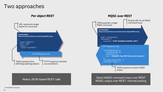 Two approaches
44
© 2018 IBM Corporation
HTTPS POST:
https://host:port/ibmmq/v1/admin/qmgr/QM1/queue
{
“name”: ”QUEUE.1”,
“type”: ”local”,
“cluster”: {
“name”: “CLUSTER1” }
}
HTTP Response: 201
JSON payload when
defining/updating objects
URL represents target
object for command
HTTP response indicates
success/failure
Per object REST
Native JSON based REST calls
HTTPS POST:
https://host:port/ibmmq/v1/admin/action/qmgr/QMGR1/mqsc
{
“type”: “runCommand”,
“parameters”: {
“command”: “STOP CHANNEL(CHANNEL.TEST)”
}
}
HTTP Response: 201
{
“commandResponse”: [{
“completionCode”: 0,
“reasonCode”: 0,
“text”: [“AMQ8019: Stop IBM MQ channel accepted.”]
}],
“overallCompletionCode” : 0,
“overallReasonCode” : 0
}
MQSC over REST
Shared URL for all MQSC
command inputJSON payload a single
MQSC command
JSON response contains MQSC
output
Direct MQSC command input over REST
MQSC output over REST, minimal parsing
 