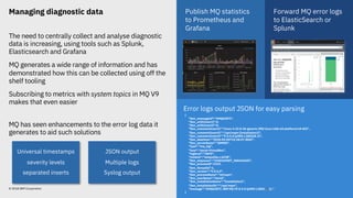 Error logs output JSON for easy parsing
Managing diagnostic data
The need to centrally collect and analyse diagnostic
data is increasing, using tools such as Splunk,
Elasticsearch and Grafana
MQ generates a wide range of information and has
demonstrated how this can be collected using off the
shelf tooling
Subscribing to metrics with system topics in MQ V9
makes that even easier
MQ has seen enhancements to the error log data it
generates to aid such solutions
Forward MQ error logs
to ElasticSearch or
Splunk
Publish MQ statistics
to Prometheus and
Grafana
{
"ibm_messageId":"AMQ6287I",
"ibm_arithInsert1":0,
"ibm_arithInsert2":0,
"ibm_commentInsert1":"Linux 4.13.0-36-generic (MQ Linux (x86-64 platform) 64-bit)",
"ibm_commentInsert2":"/opt/mqm (Installation1)",
"ibm_commentInsert3":"9.0.5.0 (p905-L180228.1)",
"ibm_datetime":"2018-03-04T13:18:27.506Z",
"ibm_serverName":"QM905",
"type":"mq_log",
"host":"david-VirtualBox",
"loglevel":"INFO",
"module":"amqxeida.c:6238",
"ibm_sequence":"1520169507_506462655",
"ibm_processId":2119,
"ibm_threadId":1,
"ibm_version":"9.0.5.0",
"ibm_processName":"strmqm",
"ibm_userName":"david",
”ibm_installationName":"Installation1",
"ibm_installationDir":"/opt/mqm",
"message":"AMQ6287I: IBM MQ V9.0.5.0 (p905-L180228.1).”
}
© 2018 IBM Corporation 48
Universal timestamps
severity levels
separated inserts
JSON output
Multiple logs
Syslog output
 