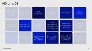 Redistributable
MFT agent for
MQ Advanced
Enhanced MFT
diagnostics
MQ on z/OS
50© 2018 IBM Corporation
Replicated Data
Queue Manager
for MQ
Advanced
Web Console
RESTful
administration
Linear logging
automation and
performance
Error log
formatting
RESTful
messaging
Blockchain
bridge for MQ
Advanced
Salesforce
bridge
AMS
confidentiality
performance on
z/OS Advanced
MQ JMS in CICS
Liberty Profile
Floating IP
support for MQ
Appliance
SNMP and REST
support for MQ
Appliance
Backup and
Restore on MQ
Appliance
Cross LPAR MFT
agents for z/OS
Advanced
Code repository
integration
MQ Appliance
SAN support
Web Console
RESTful
administration
RESTful
messaging
Blockchain
bridge for MQ
Advanced
AMS
confidentiality
performance on
z/OS Advanced
MQ JMS in CICS
Liberty Profile
Cross LPAR MFT
agents for z/OS
Advanced
Redistributable
MFT agent for
MQ Advanced
Enhanced MFT
diagnostics
 