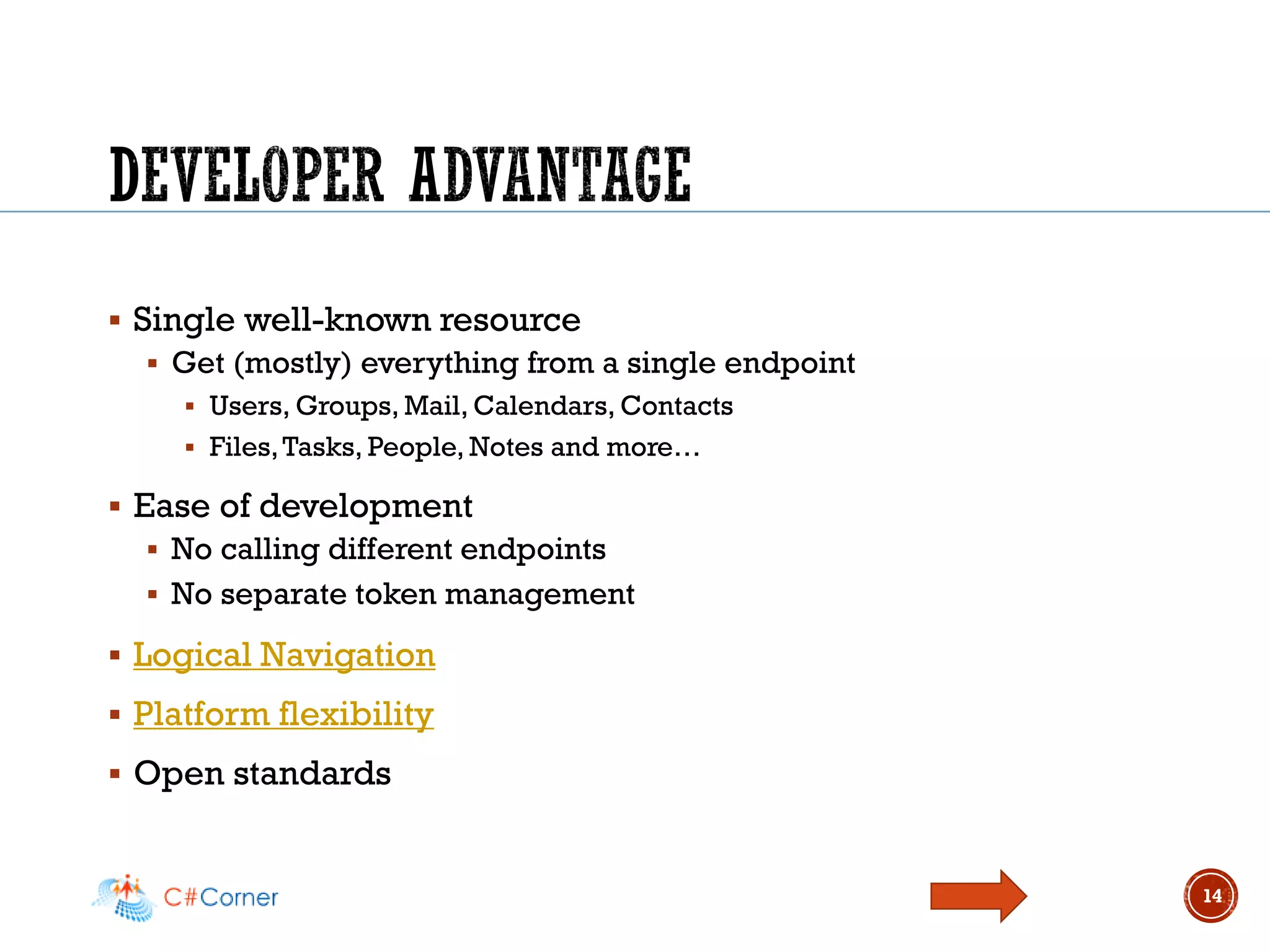 ▪ Single well-known resource
▪ Get (mostly) everything from a single endpoint
▪ Users, Groups, Mail, Calendars, Contacts
▪ Files,Tasks, People, Notes and more…
▪ Ease of development
▪ No calling different endpoints
▪ No separate token management
▪ Logical Navigation
▪ Platform flexibility
▪ Open standards
14
 
