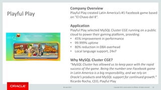 Company Overview
Playful Play created Latin America’s #1 Facebook game based
on "El Chavo del 8“.
Application
Playful Play selected MySQL Cluster CGE running on a public
cloud to power their gaming platform, providing:
• 45% improvement in performance
• 99.999% uptime
• 80% reduction in DBA overhead
• Local language support, 24x7
Why MySQL Cluster CGE?
“MySQL Cluster has allowed us to keep pace with the rapid
success of the game. Being the number one Facebook game
in Latin America is a big responsibility, and we rely on
Oracle’s products and MySQL support for continued growth.”
Ricardo Rocha, CEO, Playful Play
Playful Play
9th April 2015 Copyright 2015, oracle and/or its affiliates. All rights reserved 10
 