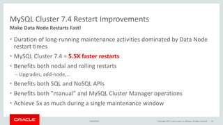 MySQL Cluster 7.4 Restart Improvements
• Duration of long-running maintenance activities dominated by Data Node
restart times
• MySQL Cluster 7.4 = 5.5X faster restarts
• Benefits both nodal and rolling restarts
– Upgrades, add-node,…
• Benefits both SQL and NoSQL APIs
• Benefits both ”manual” and MySQL Cluster Manager operations
• Achieve 5x as much during a single maintenance window
Make Data Node Restarts Fast!
16/04/2015 Copyright 2015, oracle and/or its affiliates. All rights reserved 45
 