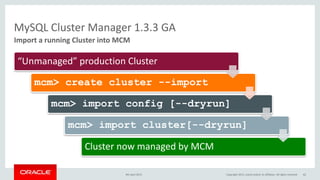MySQL Cluster Manager 1.3.3 GA
“Unmanaged” production Cluster
mcm> create cluster --import
mcm> import config [--dryrun]
mcm> import cluster[--dryrun]
Cluster now managed by MCM
Import a running Cluster into MCM
9th April 2015 Copyright 2015, oracle and/or its affiliates. All rights reserved 62
 