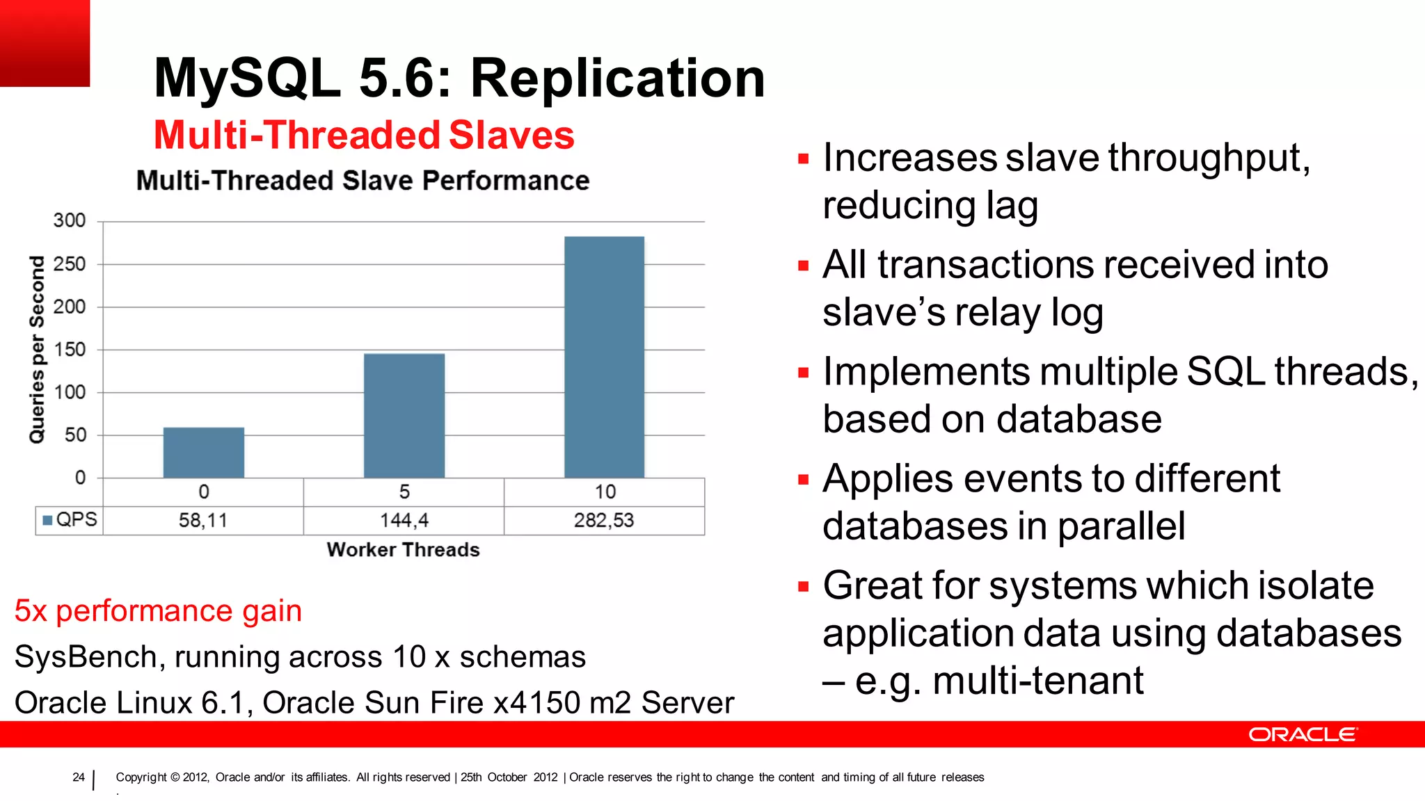 MySQL 5.6: Replication
               Multi-Threaded Slaves
                                                                                                                                              Increases slave throughput,
                                                                                                                                               reducing lag
                                                                                                                                              All transactions received into
                                                                                                                                               slave’s relay log
                                                                                                                                              Implements multiple SQL threads,
                                                                                                                                               based on database
                                                                                                                                              Applies events to different
                                                                                                                                               databases in parallel
                                                                                                                                              Great for systems which isolate
5x performance gain
                                                                                                                                               application data using databases
SysBench, running across 10 x schemas
Oracle Linux 6.1, Oracle Sun Fire x4150 m2 Server
                                                                                                                                               – e.g. multi-tenant

   24   Copyright © 2012, Oracle and/or its affiliates. All rights reserved | 25th October 2012 | Oracle reserves the right to change the content and timing of all future releases
        .
 