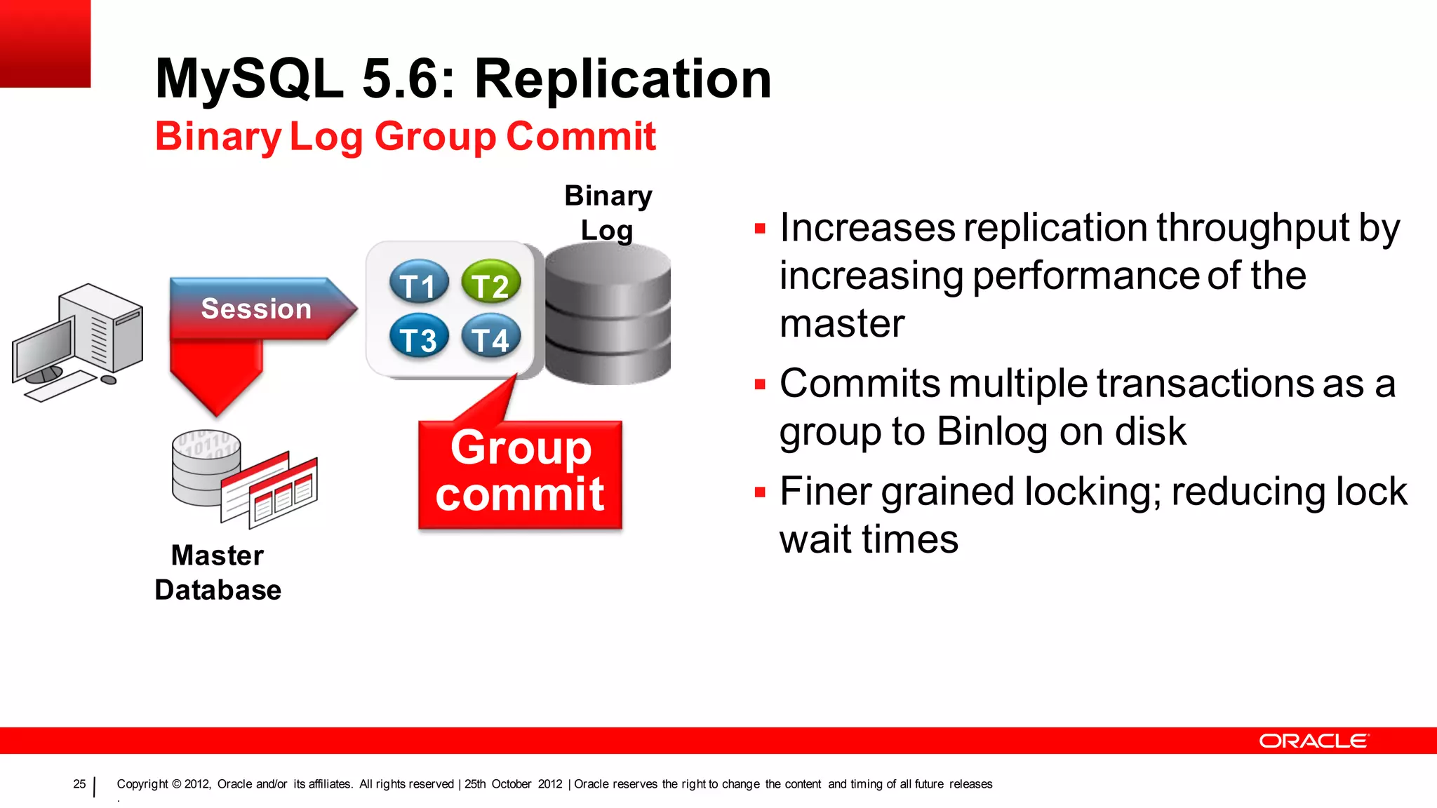 MySQL 5.6: Replication
            Binary Log Group Commit
                                                                                            Binary
                                                                                             Log                                  Increases replication throughput by
                                                            T1            T2                                                       increasing performance of the
                     Session
                                                            T3            T4                                                       master
                                                                                                                                  Commits multiple transactions as a
                                                                   Group                                                           group to Binlog on disk
                                                                  commit                                                          Finer grained locking; reducing lock
             Master                                                                                                                wait times
            Database




25   Copyright © 2012, Oracle and/or its affiliates. All rights reserved | 25th October 2012 | Oracle reserves the right to change the content and timing of all future releases
     .
 