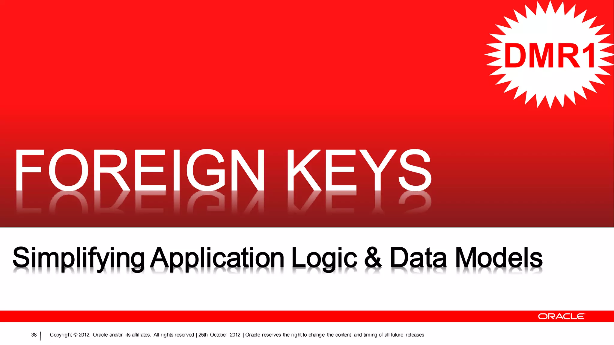 DMR1




38   Copyright © 2012, Oracle and/or its affiliates. All rights reserved | 25th October 2012 | Oracle reserves the right to change the content and timing of all future releases
     .
 