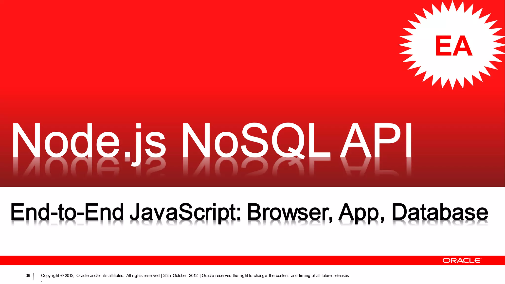 EA




39   Copyright © 2012, Oracle and/or its affiliates. All rights reserved | 25th October 2012 | Oracle reserves the right to change the content and timing of all future releases
     .
 
