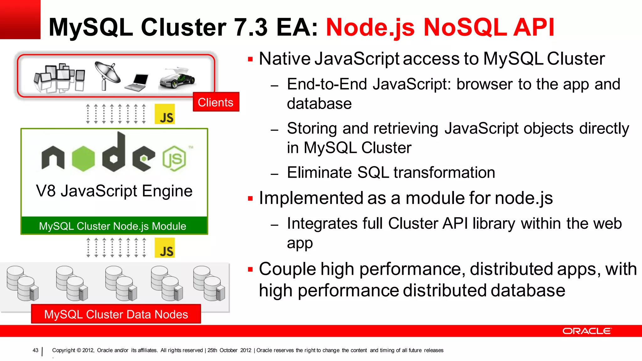 MySQL Cluster 7.3 EA: Node.js NoSQL API
                                                                                            Native JavaScript access to MySQL Cluster
                                                                                                      – End-to-End JavaScript: browser to the app and
                                                                      Clients                                database
                                                                                                      – Storing and retrieving JavaScript objects directly
                                                                                                             in MySQL Cluster
                                                                                                      –      Eliminate SQL transformation
 V8 JavaScript Engine                                                                       Implemented as a module for node.js
     MySQL Cluster Node.js Module                                                                     – Integrates full Cluster API library within the web
                                                                                                             app
                                                                                            Couple high performance, distributed apps, with
                                                                                                 high performance distributed database
     MySQL Cluster Data Nodes

43     Copyright © 2012, Oracle and/or its affiliates. All rights reserved | 25th October 2012 | Oracle reserves the right to change the content and timing of all future releases
       .
 