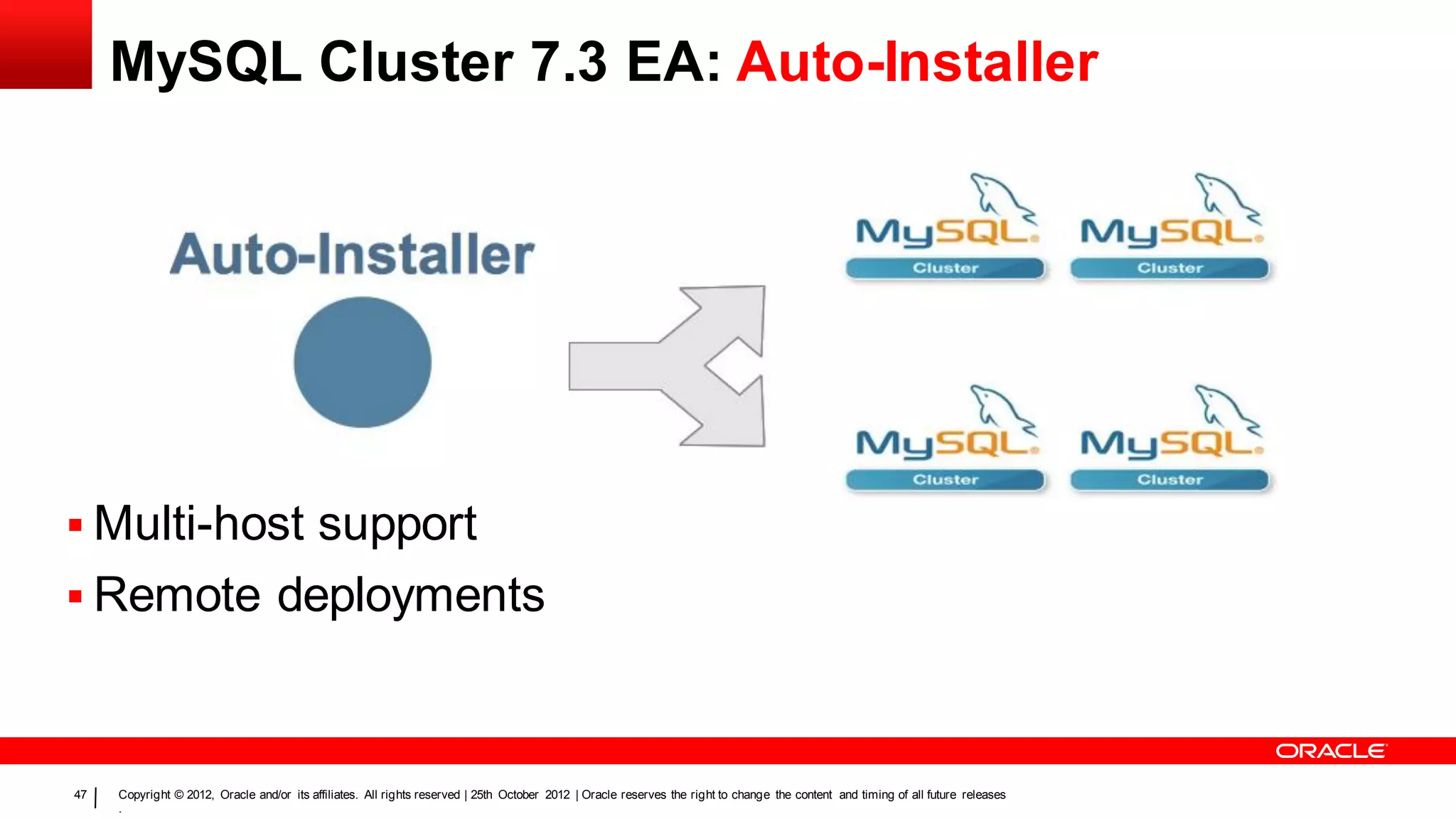 MySQL Cluster 7.3 EA: Auto-Installer




 Multi-host support
 Remote deployments



47   Copyright © 2012, Oracle and/or its affiliates. All rights reserved | 25th October 2012 | Oracle reserves the right to change the content and timing of all future releases
     .
 
