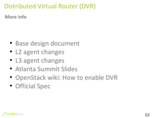12 
Distributed Virtual Router (DVR) 
More info 
● Base design document 
● L2 agent changes 
● L3 agent changes 
● Atlanta Summit Slides 
● OpenStack wiki: How to enable DVR 
● Official Spec 
 