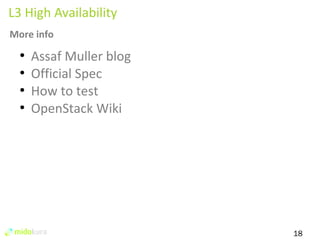 18 
L3 High Availability 
More info 
● Assaf Muller blog 
● Official Spec 
● How to test 
● OpenStack Wiki 
 