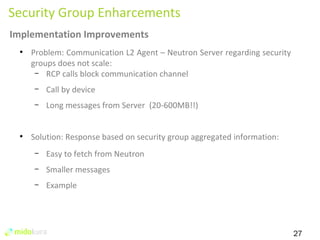 27 
Security Group Enharcements 
Implementation Improvements 
● Problem: Communication L2 Agent – Neutron Server regarding security 
groups does not scale: 
– RCP calls block communication channel 
– Call by device 
– Long messages from Server (20-600MB!!) 
● Solution: Response based on security group aggregated information: 
– Easy to fetch from Neutron 
– Smaller messages 
– Example 
 