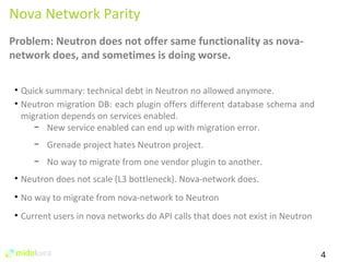 4 
Nova Network Parity 
Problem: Neutron does not offer same functionality as nova-network 
does, and sometimes is doing worse. 
• Quick summary: technical debt in Neutron no allowed anymore. 
• Neutron migration DB: each plugin offers different database schema and 
migration depends on services enabled. 
– New service enabled can end up with migration error. 
– Grenade project hates Neutron project. 
– No way to migrate from one vendor plugin to another. 
• Neutron does not scale (L3 bottleneck). Nova-network does. 
• No way to migrate from nova-network to Neutron 
• Current users in nova networks do API calls that does not exist in Neutron 
 