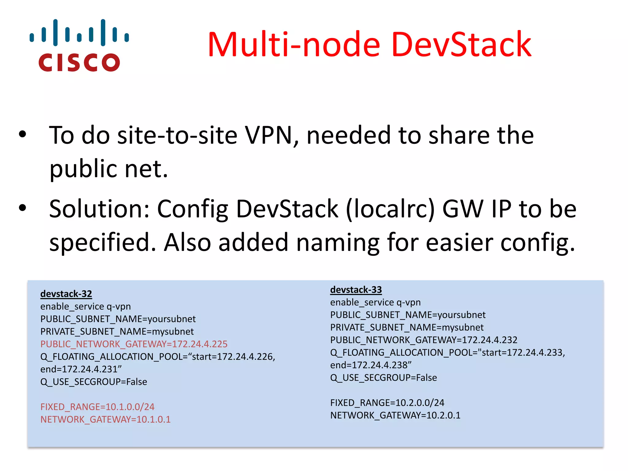 Multi-node DevStack
• To do site-to-site VPN, needed to share the
public net.
• Solution: Config DevStack (localrc) GW IP to be
specified. Also added naming for easier config.
devstack-32
enable_service q-vpn
PUBLIC_SUBNET_NAME=yoursubnet
PRIVATE_SUBNET_NAME=mysubnet
PUBLIC_NETWORK_GATEWAY=172.24.4.225
Q_FLOATING_ALLOCATION_POOL=“start=172.24.4.226,
end=172.24.4.231”
Q_USE_SECGROUP=False

devstack-33
enable_service q-vpn
PUBLIC_SUBNET_NAME=yoursubnet
PRIVATE_SUBNET_NAME=mysubnet
PUBLIC_NETWORK_GATEWAY=172.24.4.232
Q_FLOATING_ALLOCATION_POOL="start=172.24.4.233,
end=172.24.4.238”
Q_USE_SECGROUP=False

FIXED_RANGE=10.1.0.0/24
NETWORK_GATEWAY=10.1.0.1

FIXED_RANGE=10.2.0.0/24
NETWORK_GATEWAY=10.2.0.1

 