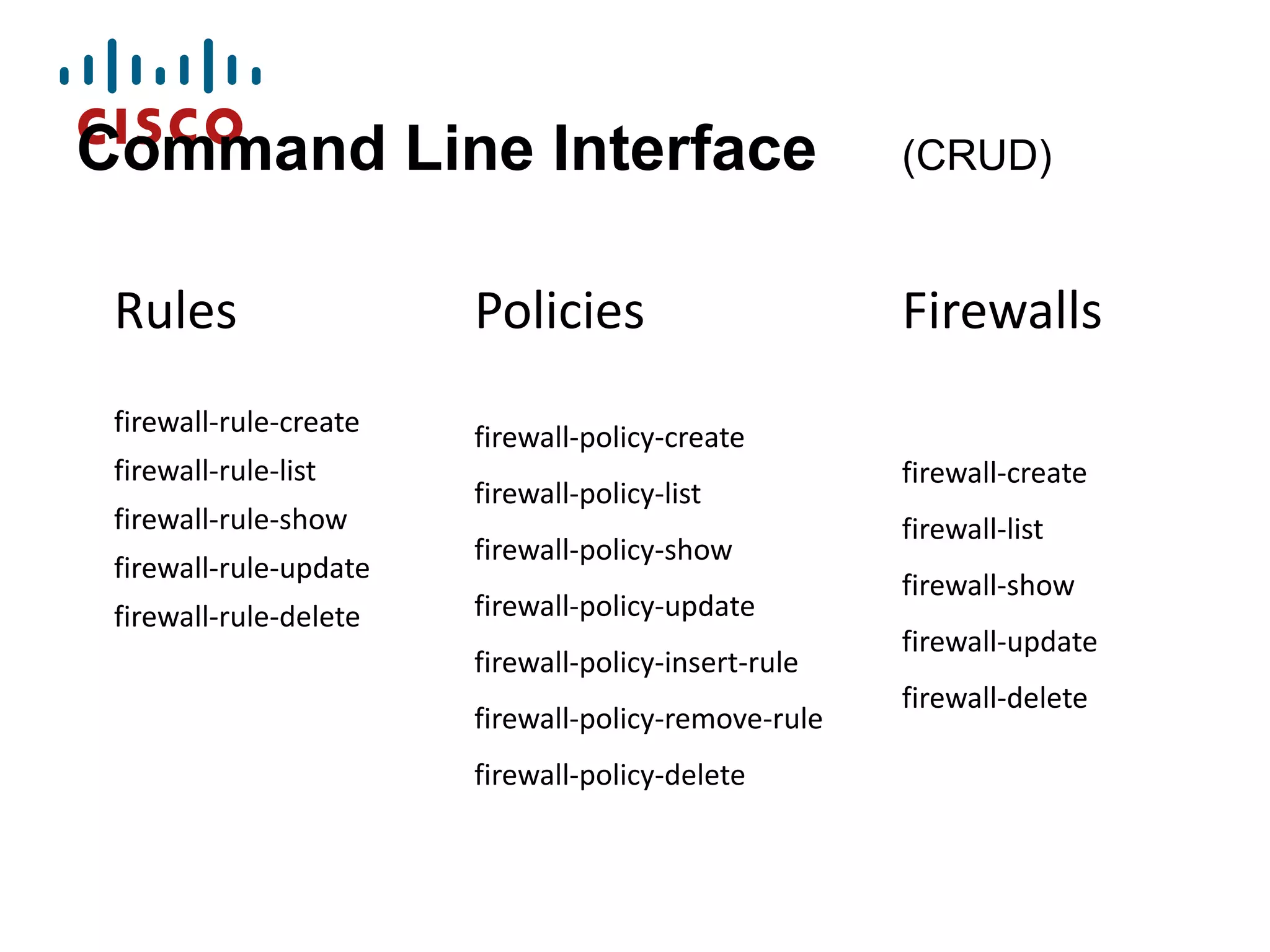Command Line Interface
Rules

Policies

firewall-rule-create

(CRUD)

firewall-policy-create

firewall-rule-list
firewall-rule-show
firewall-rule-update
firewall-rule-delete

firewall-policy-list
firewall-policy-show
firewall-policy-update
firewall-policy-insert-rule
firewall-policy-remove-rule
firewall-policy-delete

Firewalls
firewall-create
firewall-list
firewall-show

firewall-update
firewall-delete

 