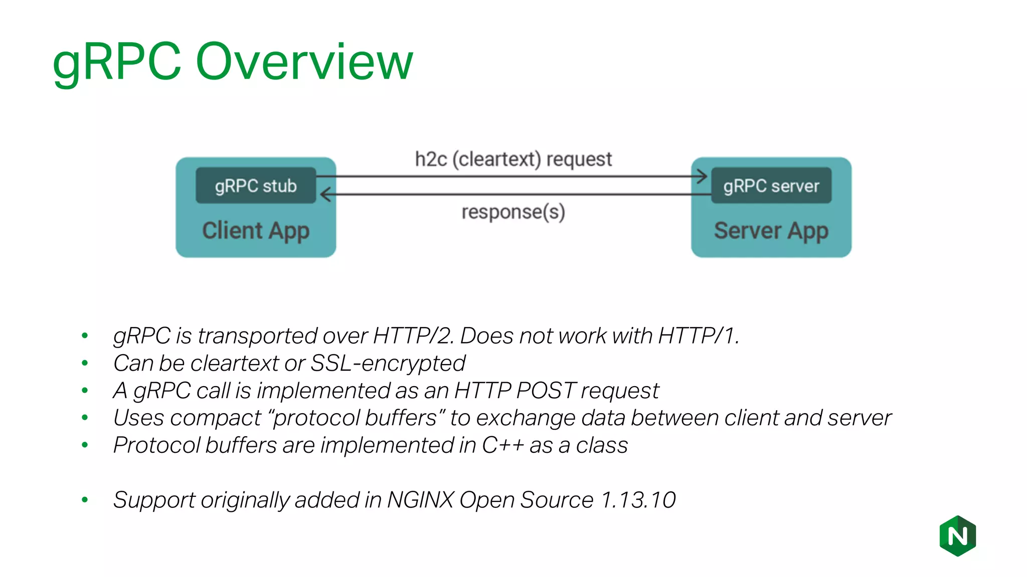 gRPC Overview
• gRPC is transported over HTTP/2. Does not work with HTTP/1.
• Can be cleartext or SSL-encrypted
• A gRPC call is implemented as an HTTP POST request
• Uses compact “protocol buffers” to exchange data between client and server
• Protocol buffers are implemented in C++ as a class
• Support originally added in NGINX Open Source 1.13.10
 