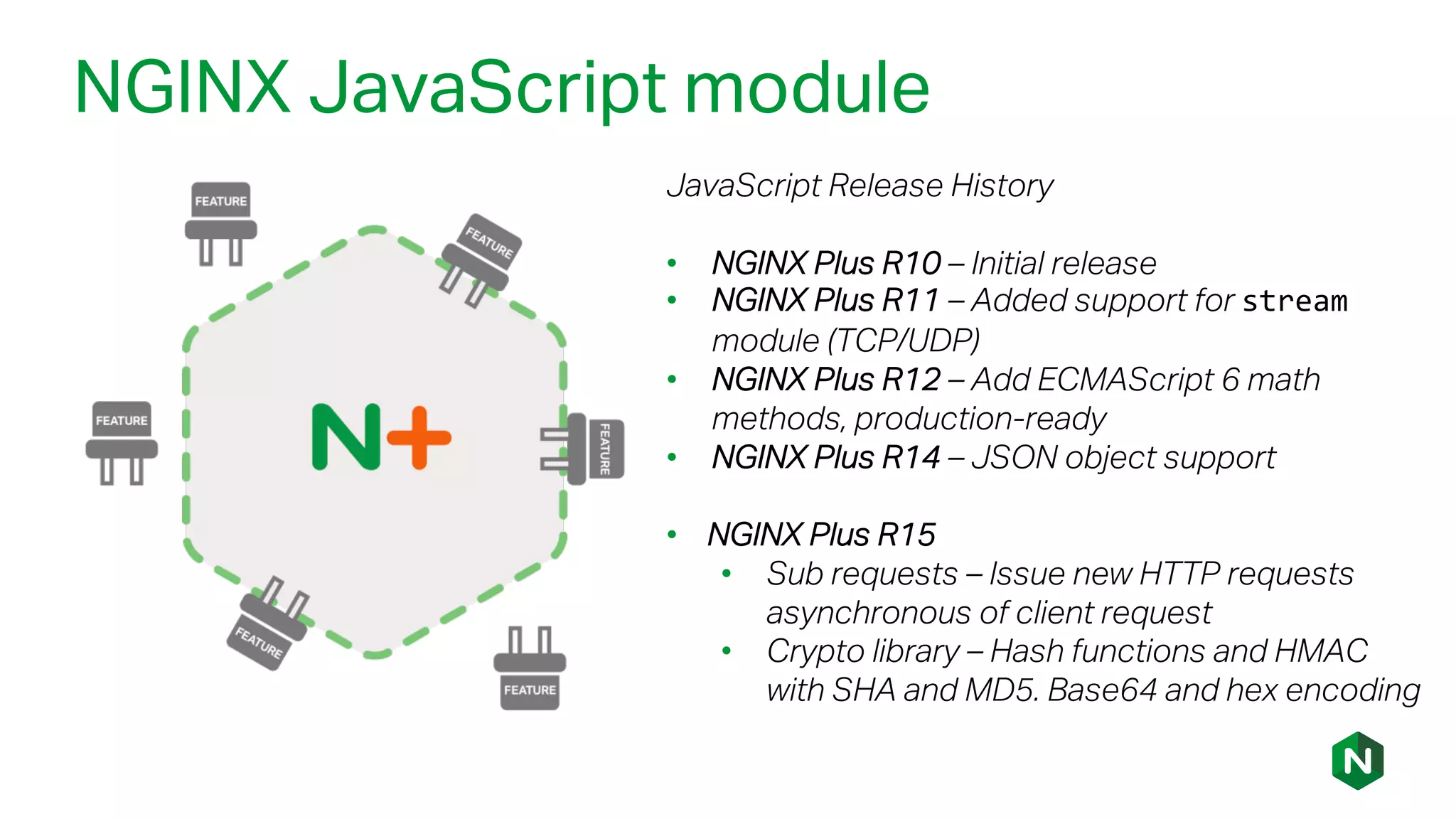 NGINX JavaScript module
JavaScript Release History
• NGINX Plus R10 – Initial release
• NGINX Plus R11 – Added support for stream
module (TCP/UDP)
• NGINX Plus R12 – Add ECMAScript 6 math
methods, production-ready
• NGINX Plus R14 – JSON object support
• NGINX Plus R15
• Sub requests – Issue new HTTP requests
asynchronous of client request
• Crypto library – Hash functions and HMAC
with SHA and MD5. Base64 and hex encoding
 