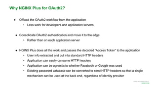 MORE INFORMATION AT
NGINX.COM
Why NGINX Plus for OAuth2?
● Offload the OAuth2 workflow from the application
• Less work for developers and application servers
● Consolidate OAuth2 authentication and move it to the edge
• Rather than on each application server
● NGINX Plus does all the work and passes the decoded “Access Token” to the application
• User info extracted and put into standard HTTP headers
• Application can easily consume HTTP headers
• Application can be agnostic to whether Facebook or Google was used
• Existing password database can be converted to send HTTP headers so that a single
mechanism can be used at the back end, regardless of identity provider
 