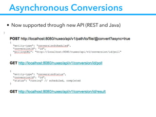 Asynchronous Conversions
• Now supported through new API (REST and Java)
 