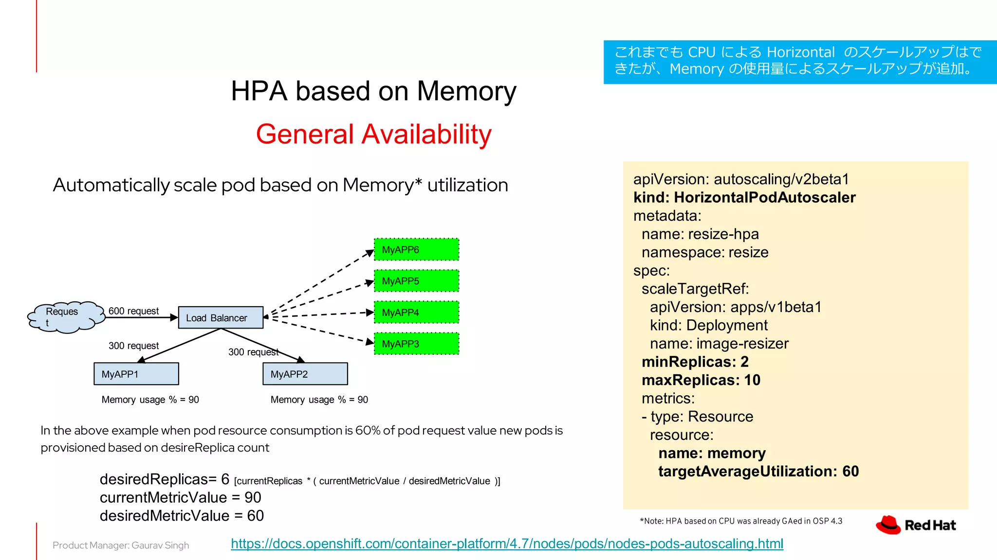 HPA based on Memory
General Availability
apiVersion: autoscaling/v2beta1
kind: HorizontalPodAutoscaler
metadata:
name: resize-hpa
namespace: resize
spec:
scaleTargetRef:
apiVersion: apps/v1beta1
kind: Deployment
name: image-resizer
minReplicas: 2
maxReplicas: 10
metrics:
- type: Resource
resource:
name: memory
targetAverageUtilization: 60
Automatically scale pod based on Memory* utilization
Product Manager: Gaurav Singh
*Note: HPA based on CPU was already GAed in OSP 4.3
Load Balancer
MyAPP1
Reques
t
MyAPP2
300 request
300 request
Memory usage % = 90 Memory usage % = 90
desiredReplicas= 6 [currentReplicas * ( currentMetricValue / desiredMetricValue )]
currentMetricValue = 90
desiredMetricValue = 60
MyAPP3
600 request MyAPP4
MyAPP5
MyAPP6
In the above example when pod resource consumption is 60% of pod request value new pods is
provisioned based on desireReplica count
https://docs.openshift.com/container-platform/4.7/nodes/pods/nodes-pods-autoscaling.html
これまでも CPU による Horizontal のスケールアップはで
きたが、Memory の使用量によるスケールアップが追加。
 