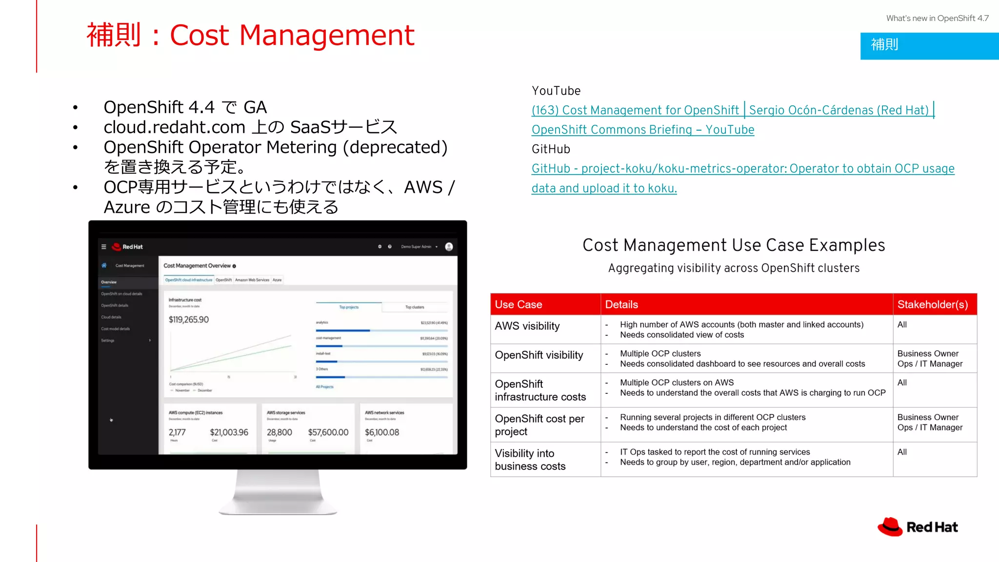 What's new in OpenShift 4.7
YouTube
(163) Cost Management for OpenShift | Sergio Ocón-Cárdenas (Red Hat) |
OpenShift Commons Briefing – YouTube
GitHub
GitHub - project-koku/koku-metrics-operator: Operator to obtain OCP usage
data and upload it to koku.
補則：Cost Management
• OpenShift 4.4 で GA
• cloud.redaht.com 上の SaaSサービス
• OpenShift Operator Metering (deprecated)
を置き換える予定。
• OCP専用サービスというわけではなく、AWS /
Azure のコスト管理にも使える
補則
 