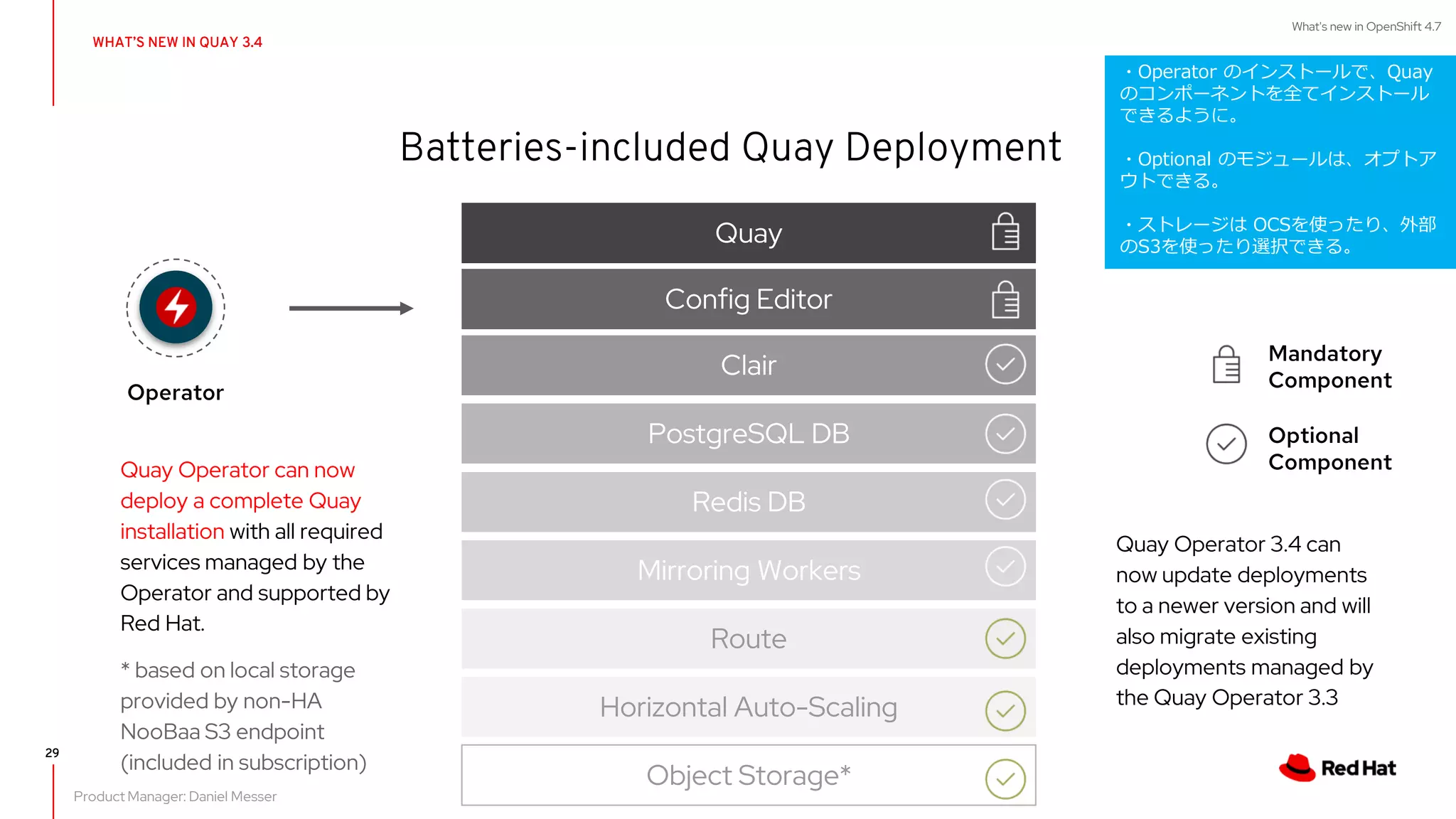 What's new in OpenShift 4.7
Batteries-included Quay Deployment
29
Quay
Clair
PostgreSQL DB
Redis DB
Mirroring Workers
Route
Horizontal Auto-Scaling
Config Editor
Operator
Object Storage*
Mandatory
Component
Optional
Component
Quay Operator 3.4 can
now update deployments
to a newer version and will
also migrate existing
deployments managed by
the Quay Operator 3.3
Quay Operator can now
deploy a complete Quay
installation with all required
services managed by the
Operator and supported by
Red Hat.
* based on local storage
provided by non-HA
NooBaa S3 endpoint
(included in subscription)
WHAT’S NEW IN QUAY 3.4
Product Manager: Daniel Messer
・Operator のインストールで、Quay
のコンポーネントを全てインストール
できるように。
・Optional のモジュールは、オプトア
ウトできる。
・ストレージは OCSを使ったり、外部
のS3を使ったり選択できる。
 