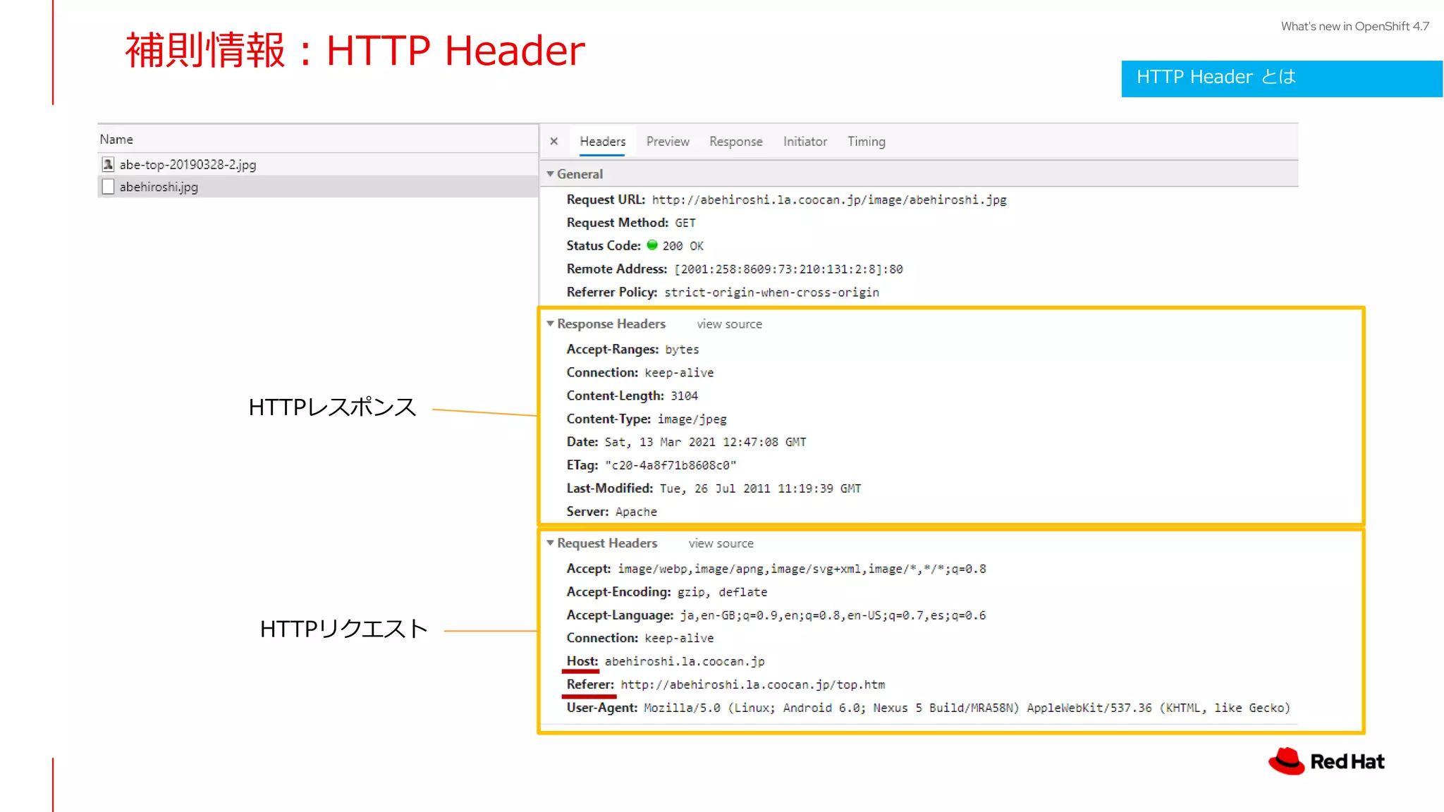 What's new in OpenShift 4.7
補則情報：HTTP Header HTTP Header とは
HTTPリクエスト
HTTPレスポンス
 