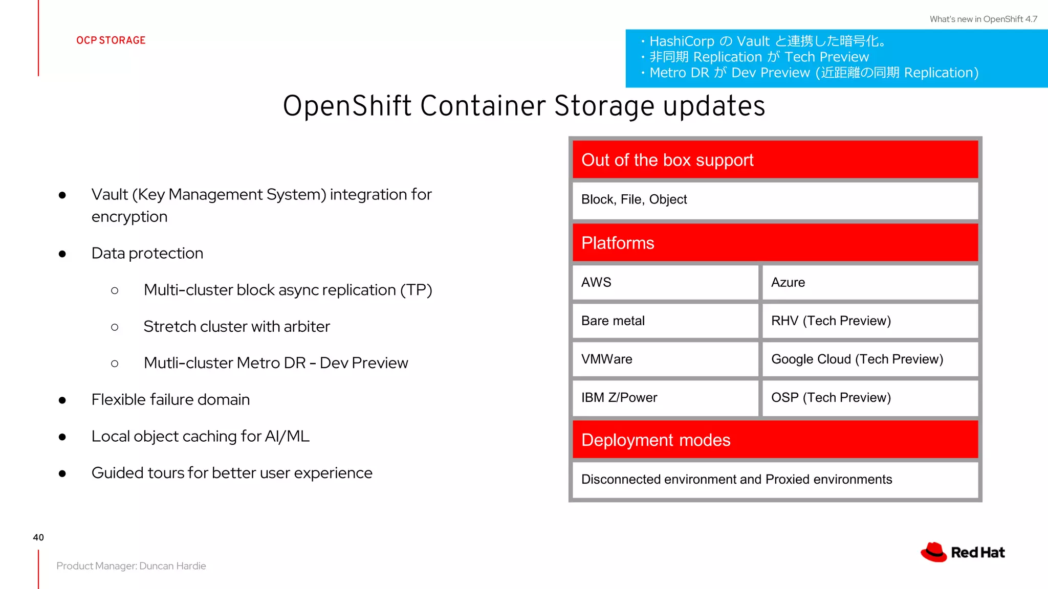 What's new in OpenShift 4.7
● Vault (Key Management System) integration for
encryption
● Data protection
○ Multi-cluster block async replication (TP)
○ Stretch cluster with arbiter
○ Mutli-cluster Metro DR - Dev Preview
● Flexible failure domain
● Local object caching for AI/ML
● Guided tours for better user experience
OpenShift Container Storage updates
OCP STORAGE
Out of the box support
Block, File, Object
Platforms
AWS Azure
Bare metal RHV (Tech Preview)
VMWare Google Cloud (Tech Preview)
IBM Z/Power OSP (Tech Preview)
Deployment modes
Disconnected environment and Proxied environments
40
Product Manager: Duncan Hardie
・HashiCorp の Vault と連携した暗号化。
・非同期 Replication が Tech Preview
・Metro DR が Dev Preview (近距離の同期 Replication)
 