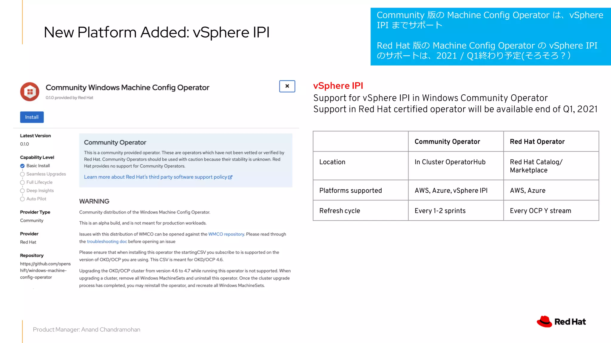 New Platform Added: vSphere IPI
43
vSphere IPI
Support for vSphere IPI in Windows Community Operator
Support in Red Hat certified operator will be available end of Q1, 2021
Community Operator Red Hat Operator
Location In Cluster OperatorHub Red Hat Catalog/
Marketplace
Platforms supported AWS, Azure, vSphere IPI AWS, Azure
Refresh cycle Every 1-2 sprints Every OCP Y stream
Product Manager: Anand Chandramohan
Community 版の Machine Config Operator は、vSphere
IPI までサポート
Red Hat 版の Machine Config Operator の vSphere IPI
のサポートは、2021 / Q1終わり予定(そろそろ？）
 