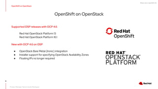 What's new in OpenShift 4.6
81
OpenShift on OpenStack
Product Manager: Ramon Acedo Rodriguez
Supported OSP releases with OCP 4.6
Red Hat OpenStack Platform 13
Red Hat OpenStack Platform 16.1
New with OCP 4.6 on OSP
● OpenStack Bare Metal (Ironic) integration
● Installer support for specifying OpenStack Availability Zones
● Floating IPs no longer required
OpenShift on OpenStack
 