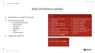 What's new in OpenShift 4.6
Multi-architecture updates
OCP MULTI-ARCHITECTURE
● Align IBM Power and IBM Z GA with x86
● Storage being expanded
○ Local Storage Operator
○ Fibre Channel
○ HostPath
○ Raw Block
○ iSCSI
○ 4k Disk support
● Logging now supported
● OpenShift Core (CVO
Operators)
● UPI installer
● OVS/OVN (networking)
● RHEL7 Based container
support
● RHEL CoreOS (host nodes)
● Ansible Engine
● Red Hat Software Collections
● AdoptOpenJDK with OpenJ9
● Single Sign-On (Z only)
Supported
● OpenShift Cluster Monitoring
(Prometheus, Grafana)
● Node Tuning Operator
● OpenShift Jenkins
● OpenShift Logging
(elasticSearch, kibana)
● Machine Configuration
Operator (used in IPI installs)
● Node Feature Discovery
Operator
● Red Hat Runtimes (Z only)
Extra content ported
122
Product Manager: Duncan Hardie
 